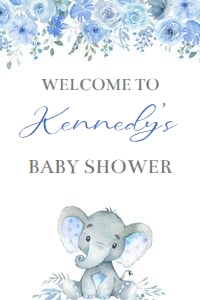 Elephant blue flowers boy welcome sign 20x30 bundle: Elephant blue flowers boy 5x7 invitation bundle