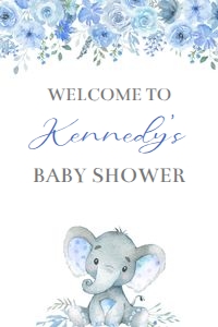 Elephant blue flowers boy welcome sign 24x36 bundle: Elephant blue flowers boy 5x7 invitation bundle