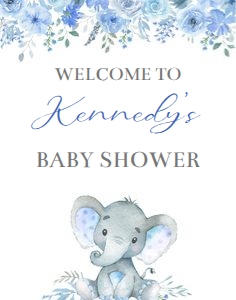 Elephant blue flowers boy welcome sign 11x14 bundle: Elephant blue flowers boy 5x7 invitation bundle