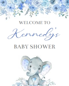 Elephant blue flowers boy welcome sign 16x20 bundle: Elephant blue flowers boy 5x7 invitation bundle