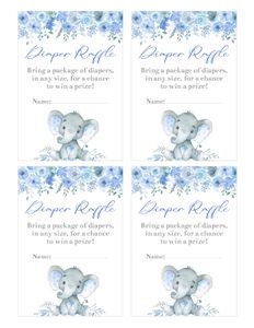 Elephant blue flowers boy diaper raffle cards bundle: Elephant blue flowers boy 5x7 invitation bundle
