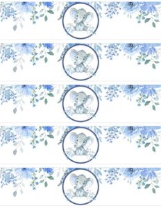 Elephant blue flowers boy water bottle wrappers bundle: Elephant blue flowers boy 5x7 invitation bundle