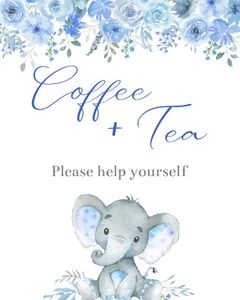 Elephant blue flowers boy coffee and tea sign bundle: Elephant blue flowers boy 5x7 invitation bundle
