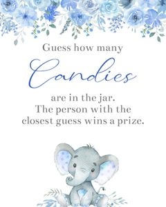 Elephant blue flowers boy candy guessing game sign bundle: Elephant blue flowers boy 5x7 invitation bundle