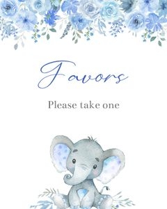 Elephant blue flowers boy favors sign bundle: Elephant blue flowers boy 5x7 invitation bundle