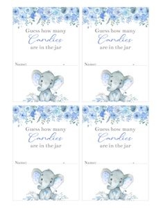 Elephant blue flowers boy candy guessing game cards bundle: Elephant blue flowers boy 5x7 invitation bundle