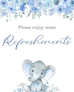 Elephant blue flowers boy refreshments sign bundle: Elephant blue flowers boy 5x7 invitation bundle