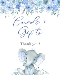 Elephant blue flowers boy cards and gifts sign bundle: Elephant blue flowers boy 5x7 invitation bundle