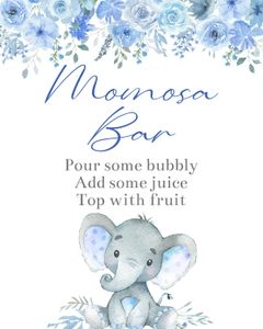 Elephant blue flowers boy Momosa Bar sign bundle: Elephant blue flowers boy 5x7 invitation bundle
