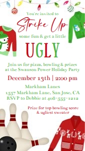 Ugly sweater and bowling party evite design preview