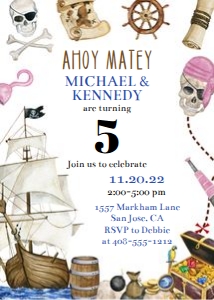 Pirate boy and girl 5x7 invitation: Pirate boy and girl 5x7 invitation
