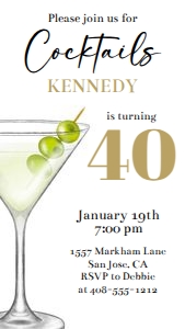 Cocktails 40th birthday evite design preview