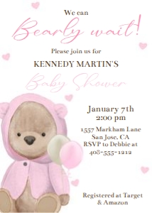 Teddy bear we can bearly wait pink 5x7 invitation design preview