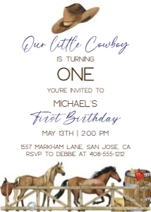 Cowboy 1st birthday 5x7 invitation CWBS design preview