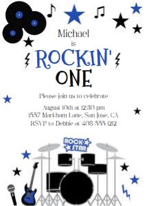 Rockin one blue and black 5x7 invitation design preview