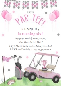 Pink golf birthday 5x7 invitation design preview