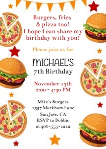 Burgers and pizza 5x7 invitation design preview