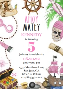 Pirate girl white background 5x7 invitation PPGB: Pirate pink 5x7 invitation PPGB