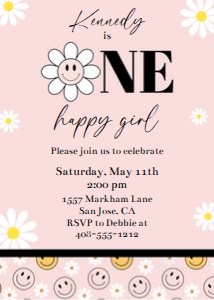 Smiley face one happy girl 5x7 invitation NESG design preview