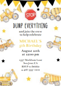 Construction birthday 5x7 invitation BUCS design preview