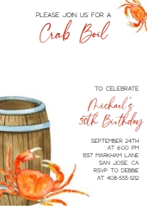 Crab boil 5x7 invitation CRMP with barrel design preview