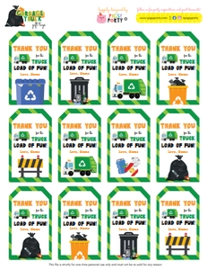 Garbage Truck Favor Tags: Garbage Truck Party Kit