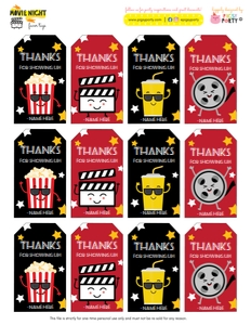 Movie Night Favor Tags: Movie Night Party Kit