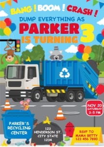 Blue Garbage Truck Invitation: Blue Garbage Truck Party Decorations Kit