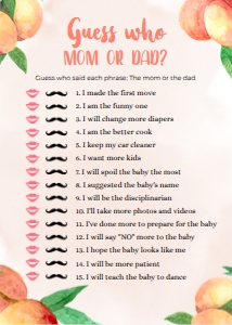 BS008_GAME003-Guess Who Mom or Dad?: 16 Sweet Little Peach Baby Shower Games BUNDLE, Editable Baby Shower Party Game, Sweet Peach Baby Shower Game Pack, Shower Game, Corjl BS008