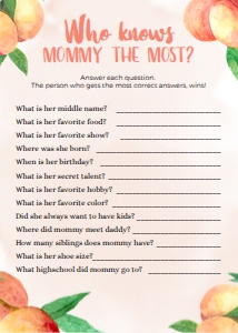 BS008_GAME009-Who Knows Mommy The Most?: 16 Sweet Little Peach Baby Shower Games BUNDLE, Editable Baby Shower Party Game, Sweet Peach Baby Shower Game Pack, Shower Game, Corjl BS008