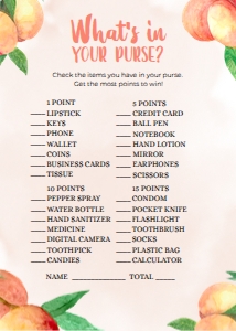 BS008_GAME011-What's In Your Purse?: 16 Sweet Little Peach Baby Shower Games BUNDLE, Editable Baby Shower Party Game, Sweet Peach Baby Shower Game Pack, Shower Game, Corjl BS008