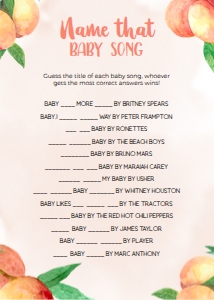 BS008_GAME016-Name That Baby Song: 16 Sweet Little Peach Baby Shower Games BUNDLE, Editable Baby Shower Party Game, Sweet Peach Baby Shower Game Pack, Shower Game, Corjl BS008