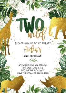 KP011_INV-B: Editable Two Wild Birthday Invite, Safari Animals, Jungle Gold Second Birthday, Boy 2nd Birthday, Wild One Party, Instant Download, K011 - 1