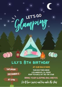 Glamping Birthday Invitation Template, Camping Party Invitation, Camp Out, Under The Stars, Girl Campout, Smores Party, Instant Download K17 design preview