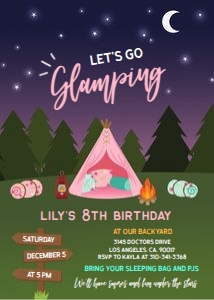 Glamping Birthday Invitation Template, Camping Party Invitation, Camp Out, Under The Stars, Girl Campout, Smores Party, Instant Download K16 design preview