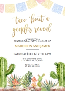 GR001_INV_BBS_A: Taco 'Bout A Gender Reveal Invitation , Fiesta Gender Reveal Invite Template, Cactus Mexican Fiesta, He or She, Boy Girl, Watercolor, GR001