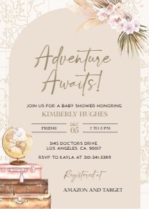 BS094_INV-BBS-A: Adventure Awaits Baby Shower Invitation Template, Travel Baby Shower, Adventure, Suitcase, Globe, Map, Boho, Pampas Grass, Girl, Pink, BS094