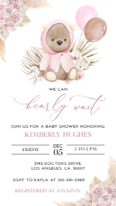 Boho Bear Baby Shower Invitation Template, Editable Bear Baby Shower Evite, Boho Baby Shower Evite, Pampas Grass, We Can Bearly Wait, BS091 design preview