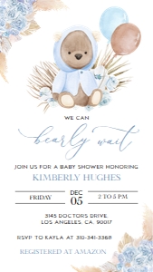 BS092_EVITE-BBS-A: Boho Bear Baby Shower Invitation Template, Editable Bear Baby Shower Evite, Boho Baby Shower Evite, Pampas Grass, We Can Bearly Wait, BS092
