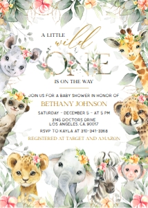 BS109-B-001-Invitation-5 by 7 inches: EDITABLE Safari Baby Shower Invitation Set, A Wild One is on the Way Baby Shower Set, Jungle Baby Shower, Pink Floral, Safari Animals, BS109