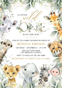 BS109-A-001-Invitation-5 by 7 inches: EDITABLE Safari Baby Shower Invitation Set, A Wild One is on the Way Baby Shower Set, Jungle Baby Shower, Safari Animal, Jungle Animal BS109