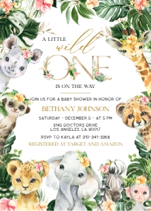 BS110_INVITATION-B: EDITABLE Safari Baby Shower Invitation, A Wild One is on the Way Baby Shower Invite, Jungle Baby Shower, Pink Floral, Safari Animals, BS110