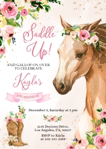 EDITABLE Horse Birthday Invitation, Saddle Up Cowgirl Invite Template, Country Western Party, Floral Girl Printable, Instant Download, KP049 design preview