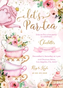 EDITABLE Tea Party Birthday Invitation, Pink and Gold Par-tea Invite Template, Whimsical Tea Party, High Tea Floral, Instant Download KP056 design preview