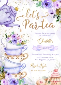KP056-B-Invitation-5 by 7 inches: EDITABLE Tea Party Birthday Invitation, Purple and Gold Par-tea Invite Template, Whimsical Tea Party, High Tea Floral Instant Download KP056