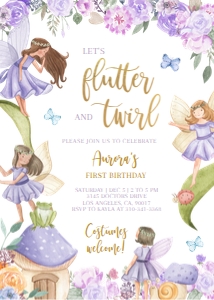 KP020_INV-D: Fairy Birthday Invitation, Editable Magical Fairy Birthday Invite, Purple Garden Enchanted Forest, Flutter and Twirl, Instant Download KP020