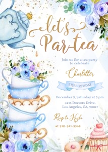 KP056-C-Invitation-5 by 7 inches: EDITABLE Tea Party Birthday Invitation, Blue and Gold Par-tea Invite Template, Whimsical Tea Party, High Tea Floral, Instant Download, KP056