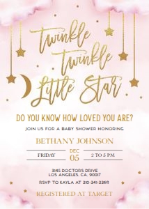 EDITABLE Twinkle Twinkle Little Star Baby Shower Invitation Template, Moon and Stars Pink Invite, Pink and Gold, Instant Download, BS128 design preview