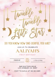 EDITABLE Twinkle Twinkle Little Star First Birthday Invitation Template, Moon and Stars Girl Party Invite, Pink and Gold, Instant Download design preview