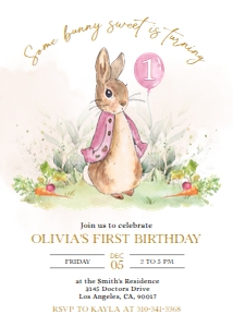 Peter Rabbit First Birthday Invitation, Editable Invite Template, Rustic Bunny, 1st Birthday, Girl Party Printable, Instant Download, Corjl design preview